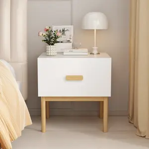 Modern White Nightstand with Drawer and Wood Legs