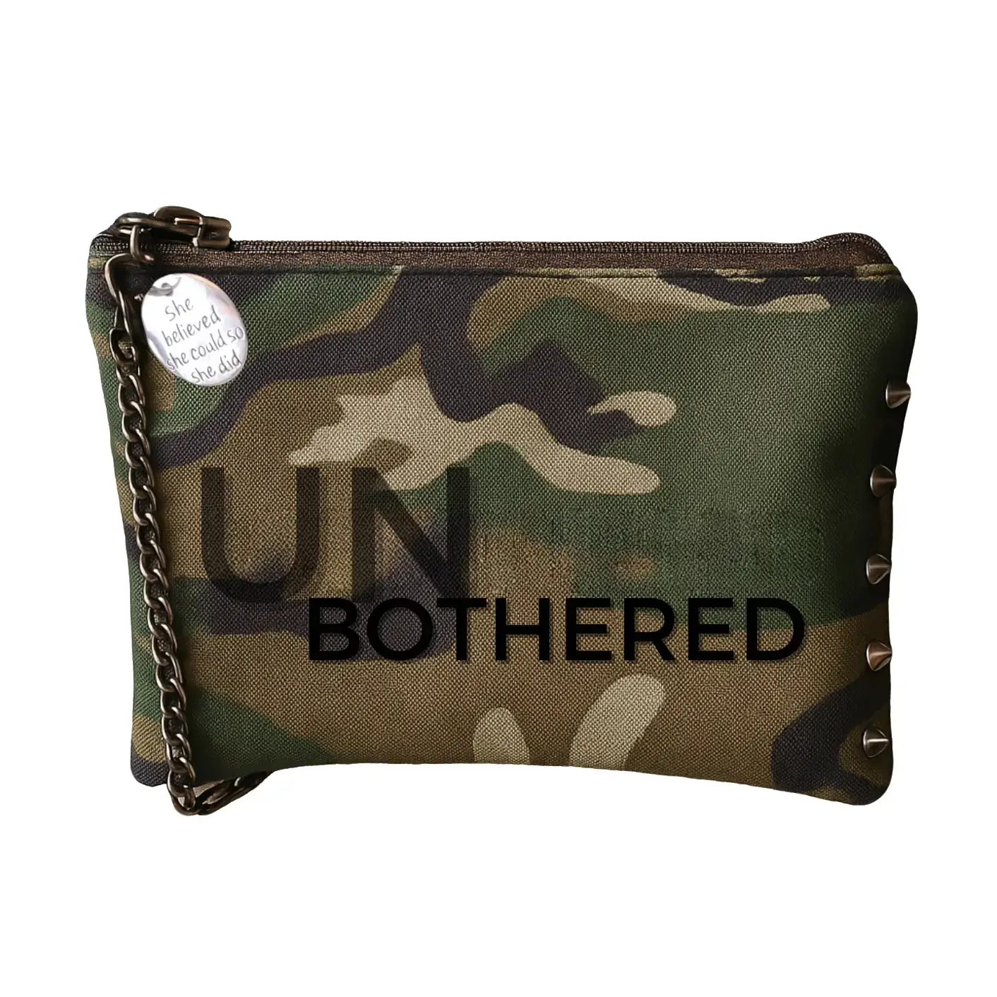 UNBOTHERED Camo Wristlet – Studded Clutch by Maria Maria