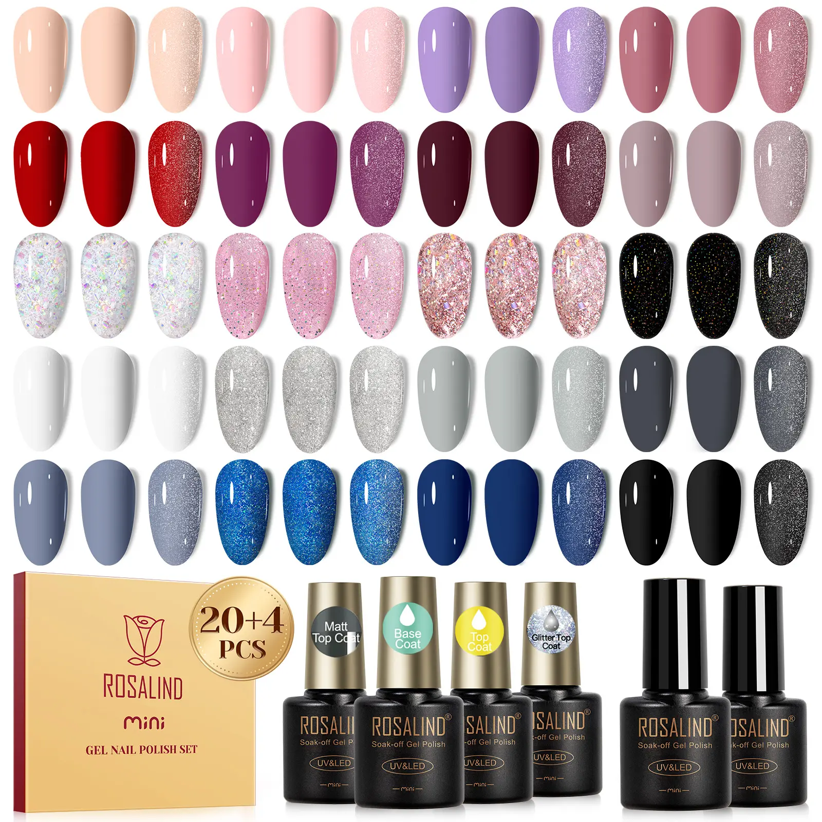 ROSALIND 24-Pc Gel Nail Polish Kit for Beginners, 20-Color UV Formula with Essential Coat Trio (Base, Glossy, Matt Glitter)