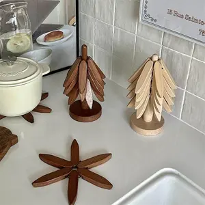 Tree-Shaped Bamboo Wood Tripod Coaster Set, Foldable Kitchen Pot Holder, Decorative Stand for Hot Dishes, Pots, Bowls, Teapots, Kitchenware