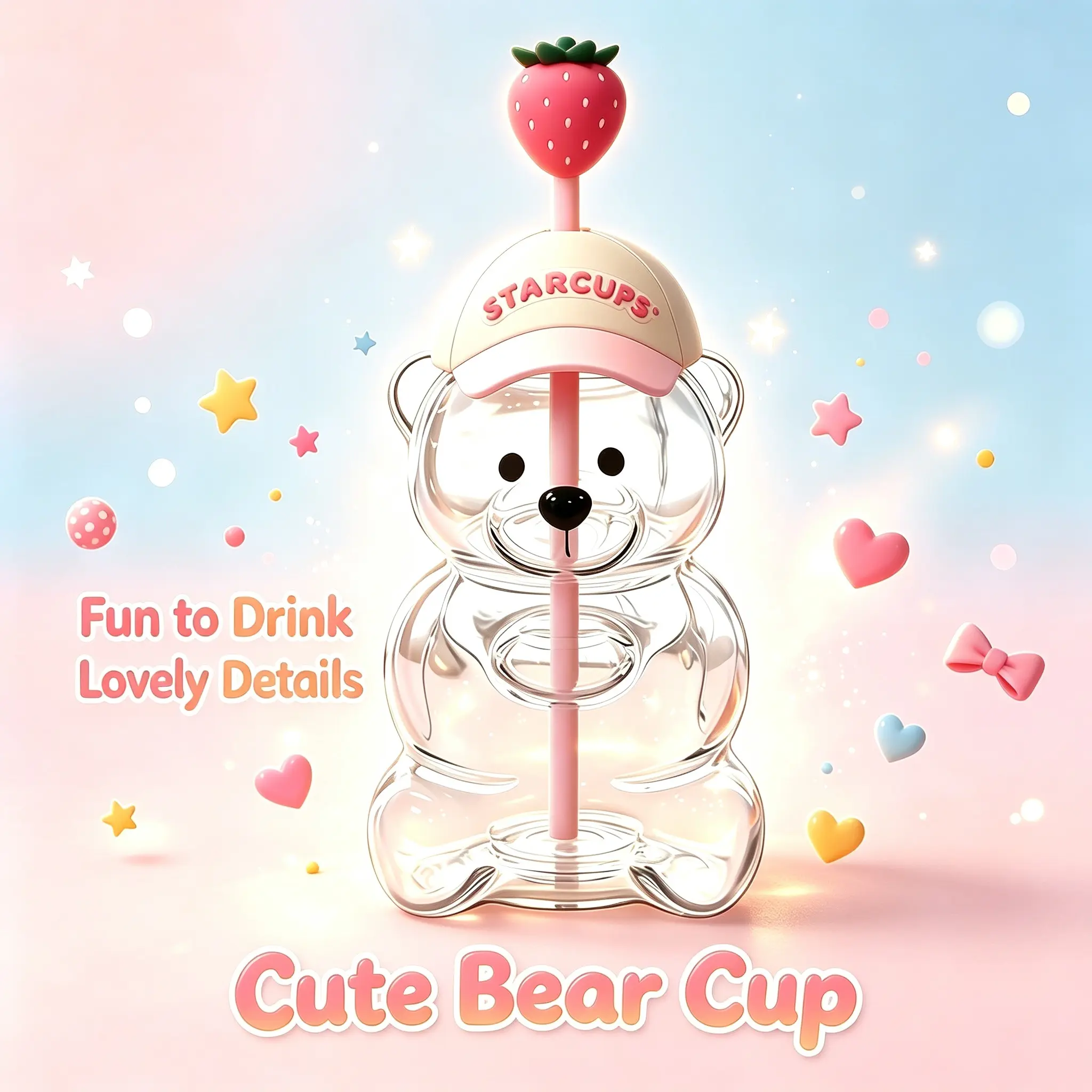 20OZ Cute Bear Straw Glass Cup，with Lid and Straw for Iced Coffee, Boba,iced coffee, boba, smoothies, milk tea, juice, and cocktails