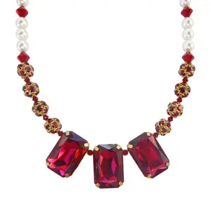 Red chunky large rectangle crystal, faux pearl, and red rhinestone beaded statement necklace