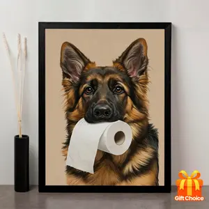 1 Piece German Shepherd Holding Toilet Paper Roll Canvas Painting - Humorous Bathroom Wall Decoration, Frameless 30.48x 40.64cm| Neutral Background