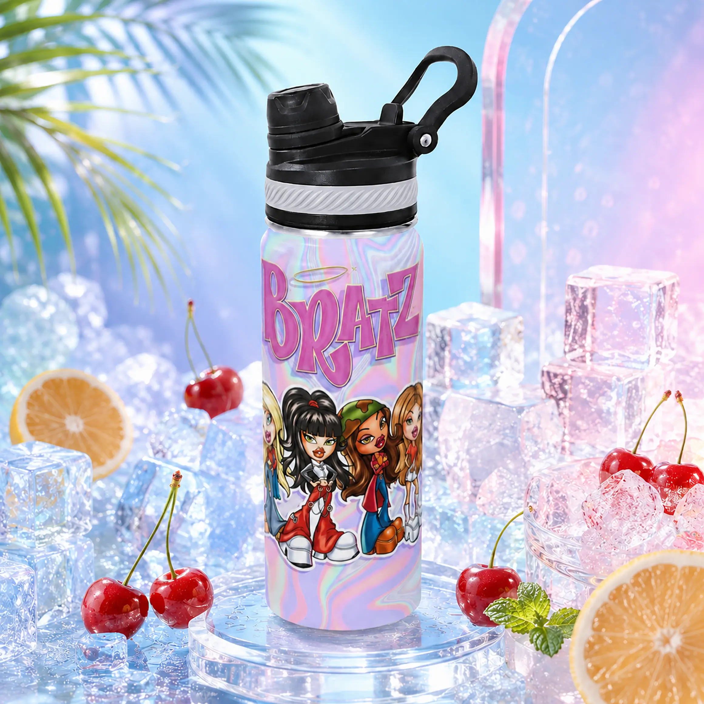 Bratz Cartoon Print 20oz 304 Stainless Steel Vacuum Seal Flask - Portable Water Bottle, Dual-Spout Leak-Proof Car Tumbler with Straw Lid, Office Travel Drinkware, Cute Gift for Girls, Flasks, Bottles