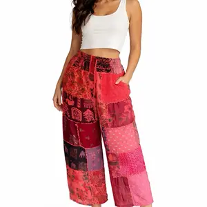 Boho Patchwork Cotton Pants One Size S–2XL Festival Hippie Wide Leg Handmade Lounge Wear for Women