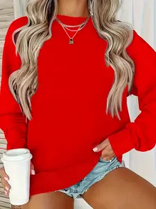 【Plus Size】 Basic Solid Color Round Neck Sweatshirt, Casual Long Sleeve Crew Neck Pullover for Spring & Fall, Women's Plus Clothing for Daily Wear