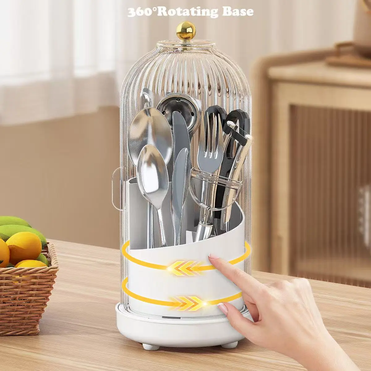 3-Compartment Plastic Drain-Style Cutlery Rack Organiser Holder, 360° Rotating Covered Home Supplies Storage Bin with Rotating Base, Dustproof, Washable, Durable, 29x13x13cm for Cutlery, Brush
