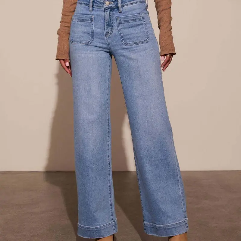 (New)High Waist Straight Jeans Women's Slim Wide Leg Retro Temperament Trousers Womenswear Bottom Kawaii  Jeans