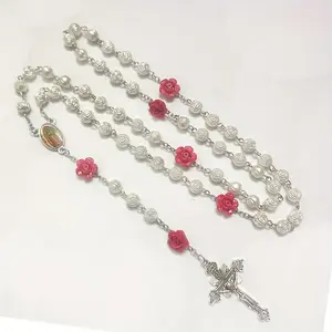 White Rose Rosary Necklace, Rose Rosary - Virgin Mary's Grace Red Prayer Rosary Gift, Christian Holy Items Set, Suitable for Funerals, Baptisms,  First Communion Parties, Rosary，Valentines Gift for BF