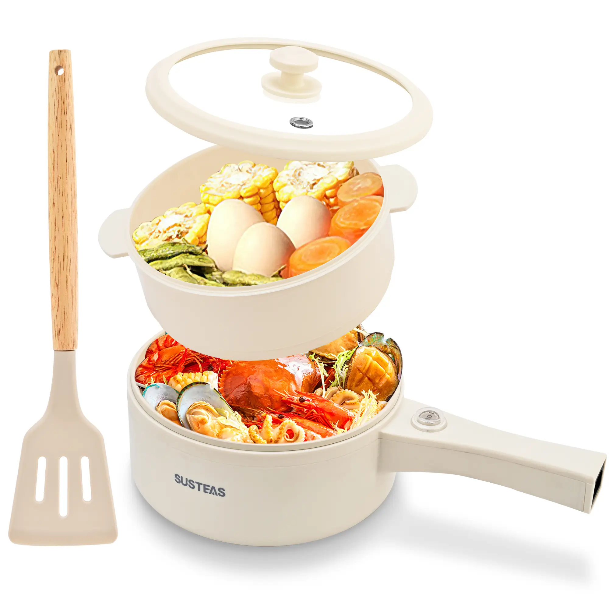 SUSTEAS 1.5L Cream Electric Hot Pot With Steamer-350W/700W Dual Power Ramen Cooker, Non-Stick Frying Pan, Electric Saucepan for Steak, Egg, Fried Rice