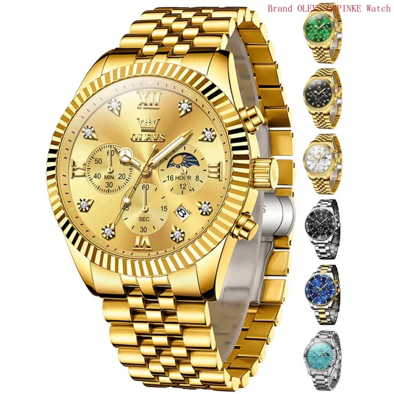 Brand OLEVS Watches for Men, Mens Watches Quartz Gold Stainless Steel Waterproof Luminous Business Calendar Wrist Watch reloj para hombre