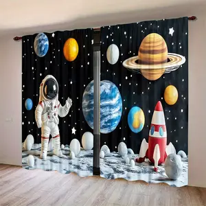 2D flat digital printed space planet rocket pattern curtains, children's room curtains, semi transparent polyester material, 2-piece set, suitable for living room, bedroom, kitchen, study window decoration, year-round home decoration