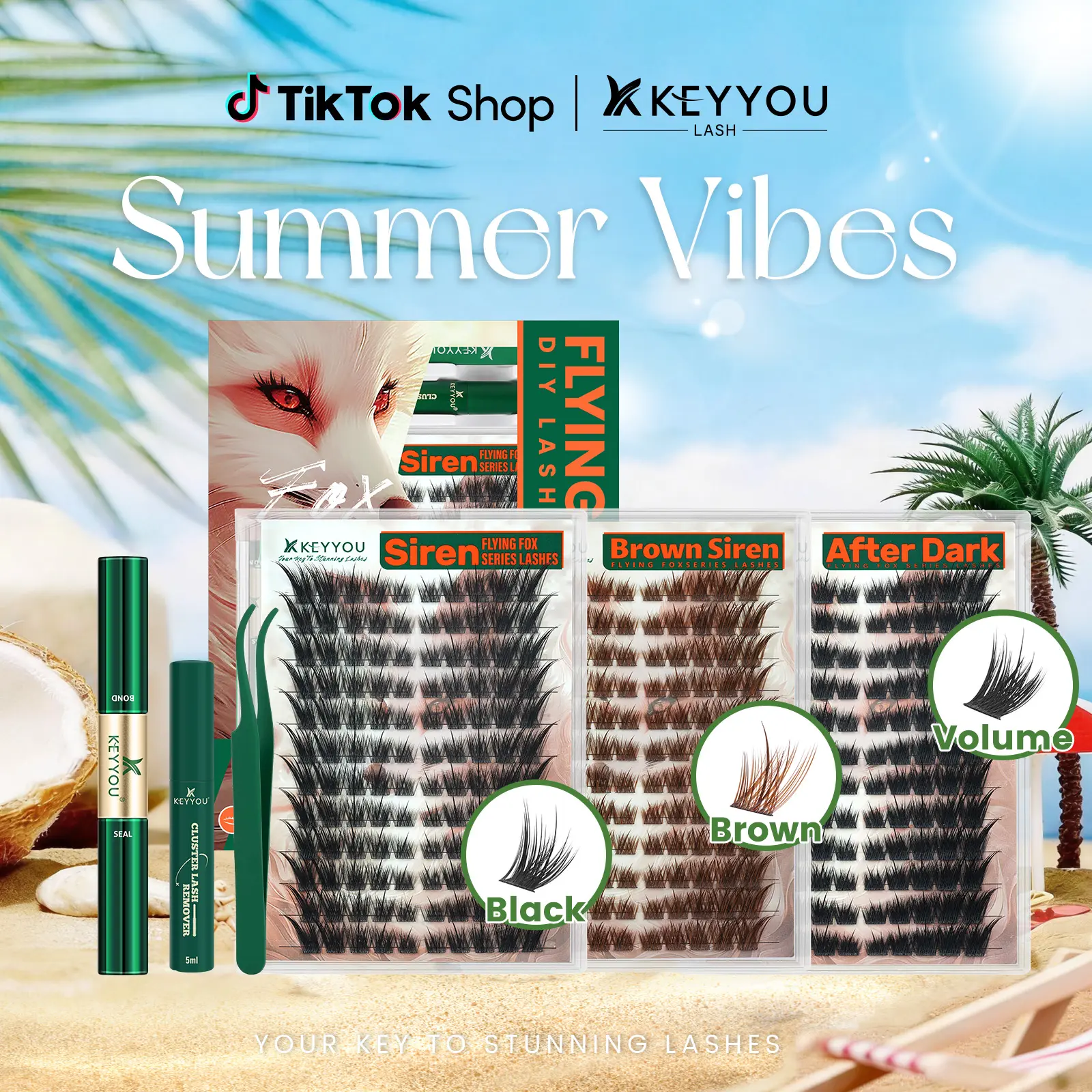 KEYYOU Siren Kit Flying Fox Cat Eye DIY Cluster Lash Extension Kit Volume Individual Lashes Waterproof Long-Lasting Self Application Eyelashes