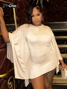 Women's Fashion Solid Color Round Neck Batwing Long Sleeve Fitted Dress, Comfortable Elegant Minimalist Simple Casual Style for Spring & Fall, Daily Wear, Vacation, Date, Party