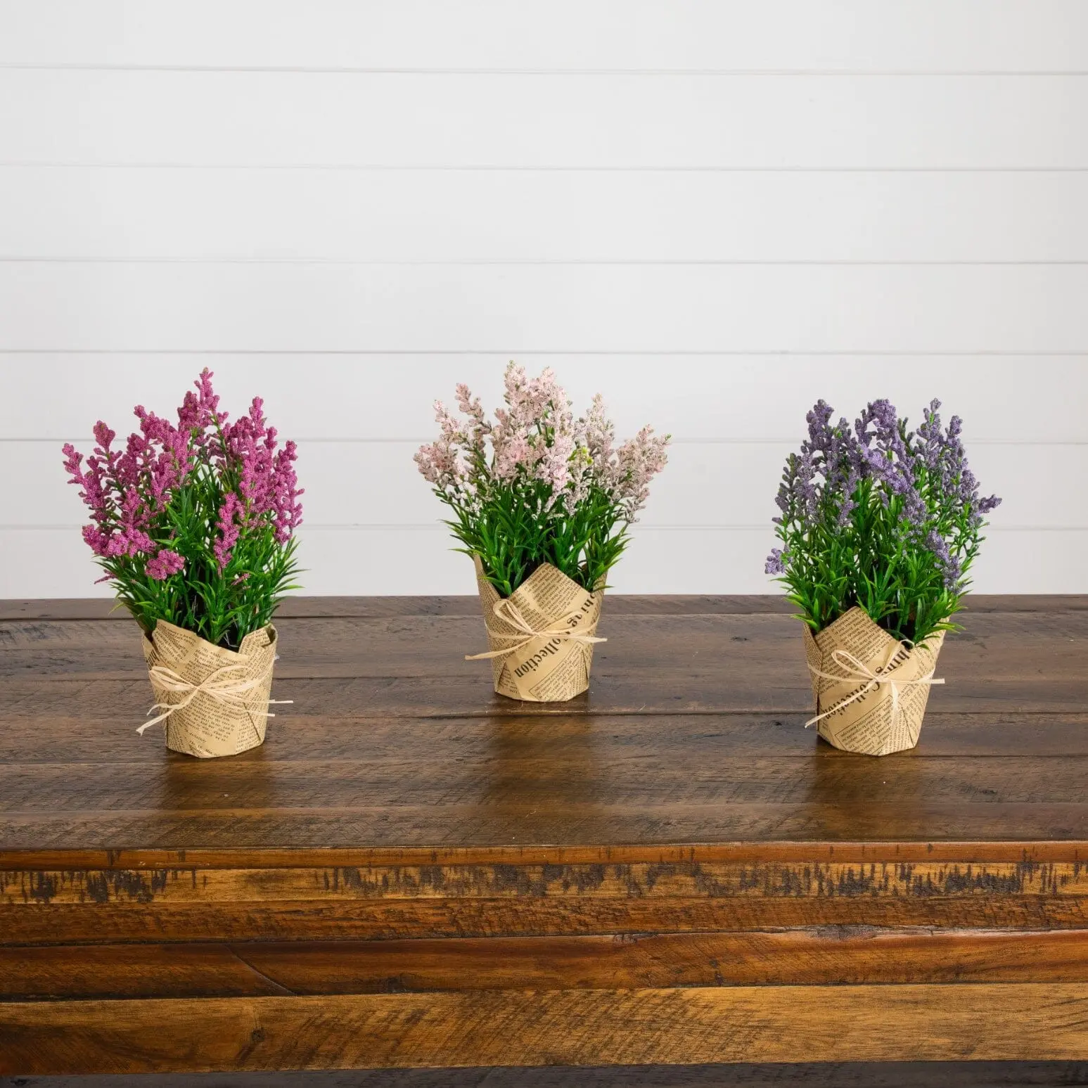 9” Artificial Mixed Lavender Arrangement in Newspaper Wrapped Pot -Set of 3