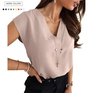 Imily Bela  Women's V Neck Chiffon Blouses Cap Sleeve Shirts Casual Loose Work Office Solid Tops