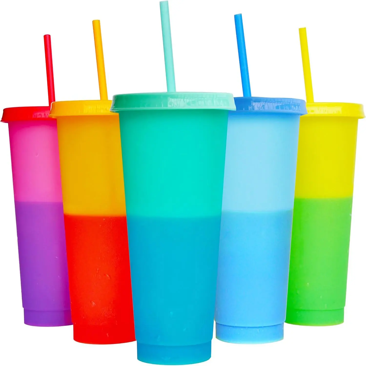 5PCS BPA-free Plastic color-changing Cups, Tumbler, Bottle, Water Bottles with Straw ,with Lids and Straws for Iced Coffee 24 oz Color Changing Reusable for Adults Kid Women Party ,perfect for serving cold drinks ,iced coffee , smoothies Drinkware