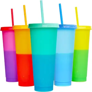 5PCS BPA-free Plastic color-changing Cups, Tumbler ,with Lids and Straws for Iced Coffee 24 oz Color Changing Reusable for Adults Kid Women Party ,perfect for serving cold drinks ,iced coffee , smoothies Drinkware