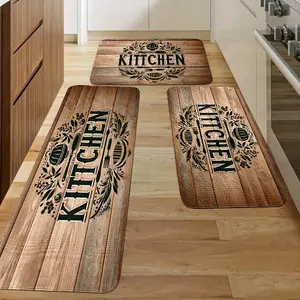 3pcs Wood Grain Design Kitchen Floor Mat, Brown And Black, High Plush Flannel Flannel Carpet, Suitable For Kitchen, Bathroom, Laundry Room And Entrance-Easter Festival Atmosphere. Easter, Spring Area Rug Sets