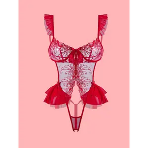 Sexy Lingerie Packed One-piece Pajamas Suit, Valentine's Day Red Bedroom Date Passionate Style