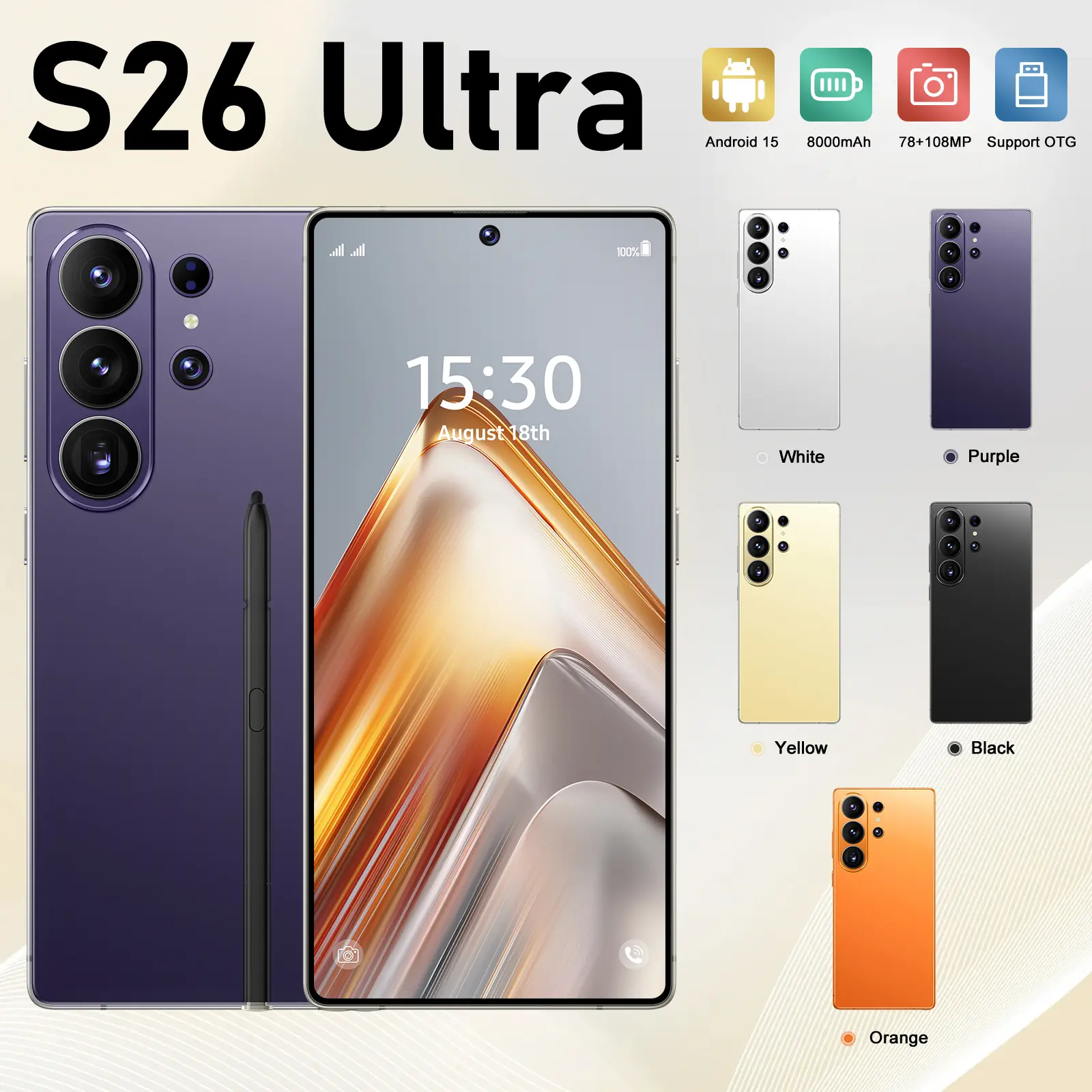 2026 S26 Ultra 5G Smartphone: 12GB+512GB, Android 15, 8000mAh Large Battery, 78MP+108MP HD Camera, 6.99" Display, Built-in Stylus, Unlocked with Case