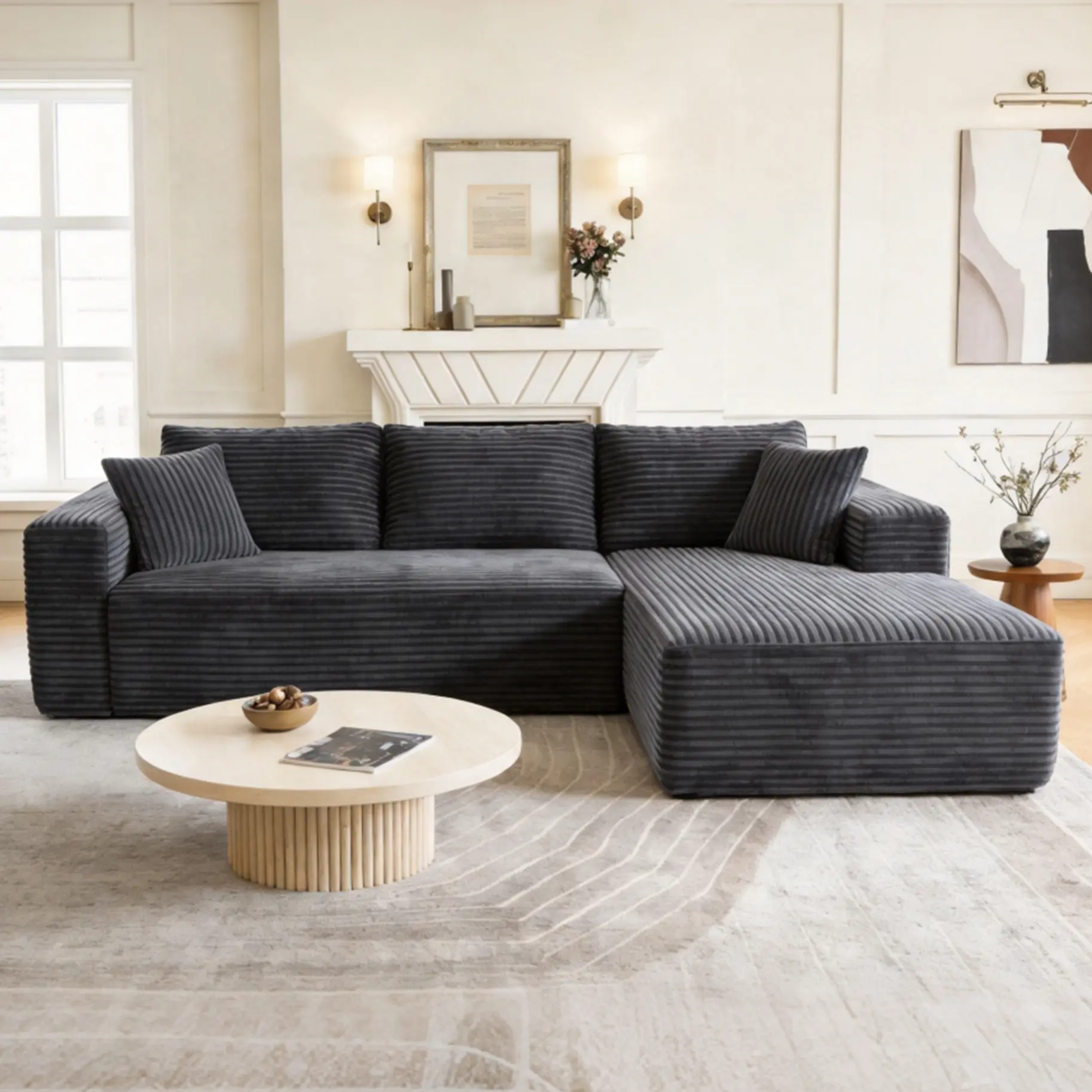 Boneless sectional couch, 108 " L-Shaped  Modular Couch,Compression Couch, Corduroy Fabric, No Assembly, Sofa in a box, sofas para sala, sofas para sala sectional couch living room furniture, sofa bed, sleeper sofa