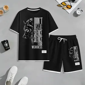Men's Howling Wolf & "Don't Mistake Silence For Weakness" Quote Graphic Print Waffle Short Sleeve T-Shirt & Shorts Set, Summer Lightweight Casual Sporty Two-Piece Outfit