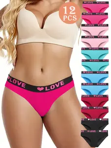 12pcs, Seamless Letter Printed Contrasting Slim Fit Triangle Pants, Simple, Comfortable, Breathable, Seamless Elastic Underwear, Women'S Underwear And Underwear Womenswear Panties underwear women period underwear period underwear Womenswear Panties