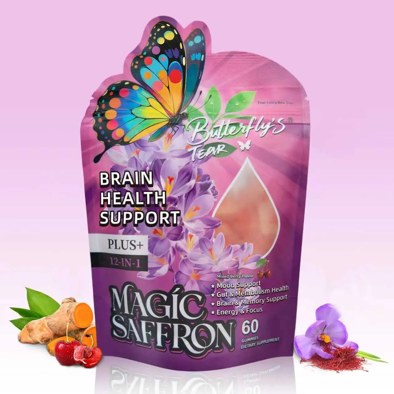 BUTTERFLY'S TEAR Magic Saffron Gummies – Saffron, Magnesium, Ashwagandha & Aloe Vera – Boosts Brain Function, Mood & Focus – 60 Gummies Daily Mind & Wellness Support