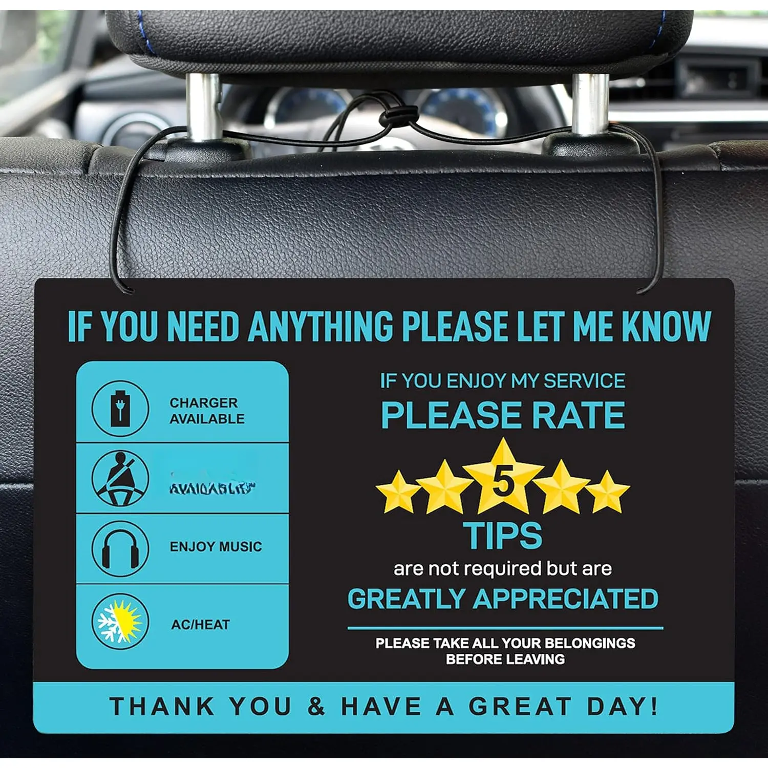 2-Pack Waterproof Double-Side Printed Rideshare Accessories Sign - Taxi Car Seat Tip & 5-Star Rating Reminder with Different Designs