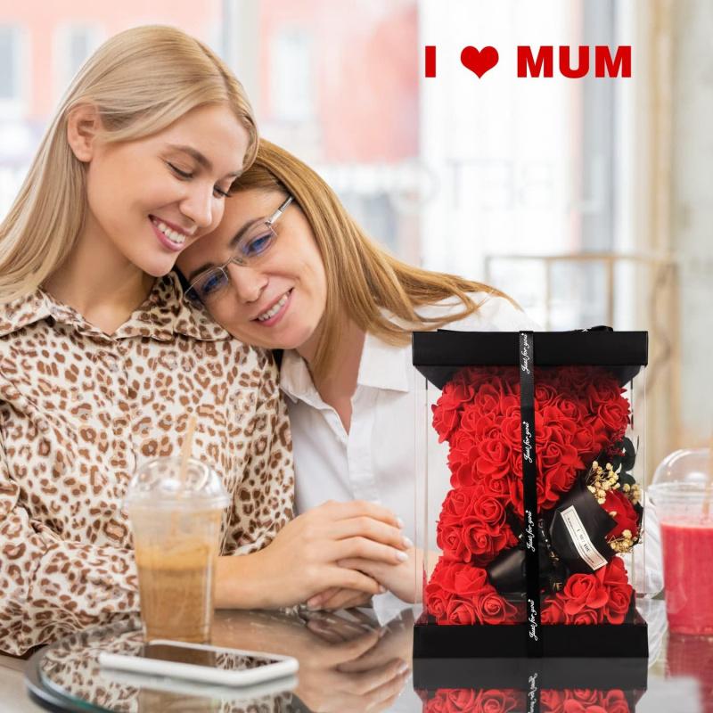 Rose Bear Gifts for Women-Best Gift for Valentine's Day,Mother's Day,Christmas,Birthday,Handmade Artificial Rose Teddy Bear Gifts for Girlfriend,Mom, and Daughters, Artificial Roses Bouquet with Bear Shaped Design,Surprise Clear Gift Box