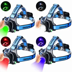 Rechargeable Headlamp with 4 Color Lights (White/Red/Green/UV395nm Purple), Motion Sensor Headlamp XPG LED Zoomable 3 Modes, Detachable Adjustable Headband Waterproof Headlight for Camping Hunting Cycling Fishing Pet Urine Detection