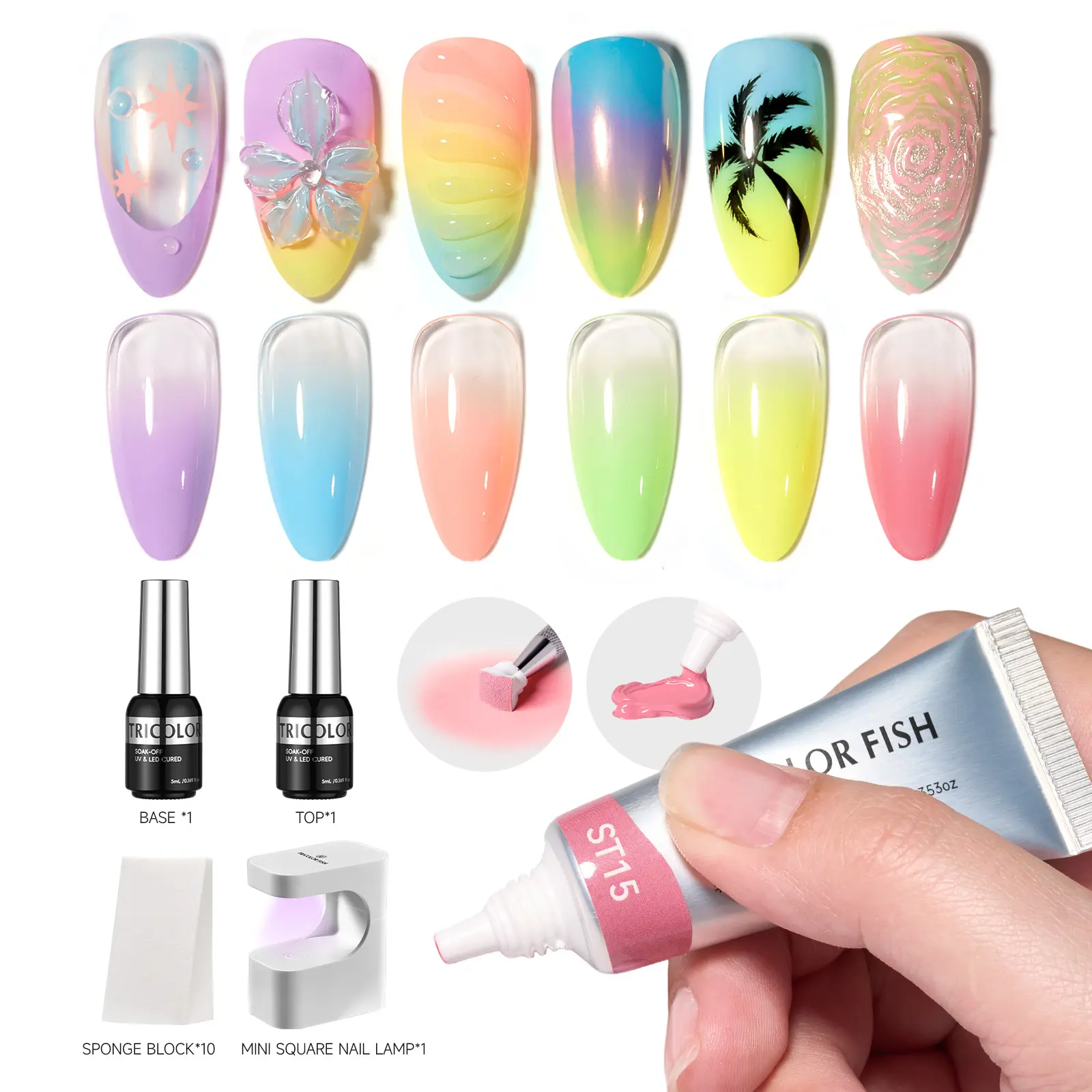 TRICOLOR FISH Blooming UV Gel Polish Kit, 6 Fluorescent Colors (10g) Multi-pack with No-Wipe Base & Top Coat, Mini Lamp for Easy Nail Art & Gel Nails at Home, Nail Supplies, Glitter Nails
