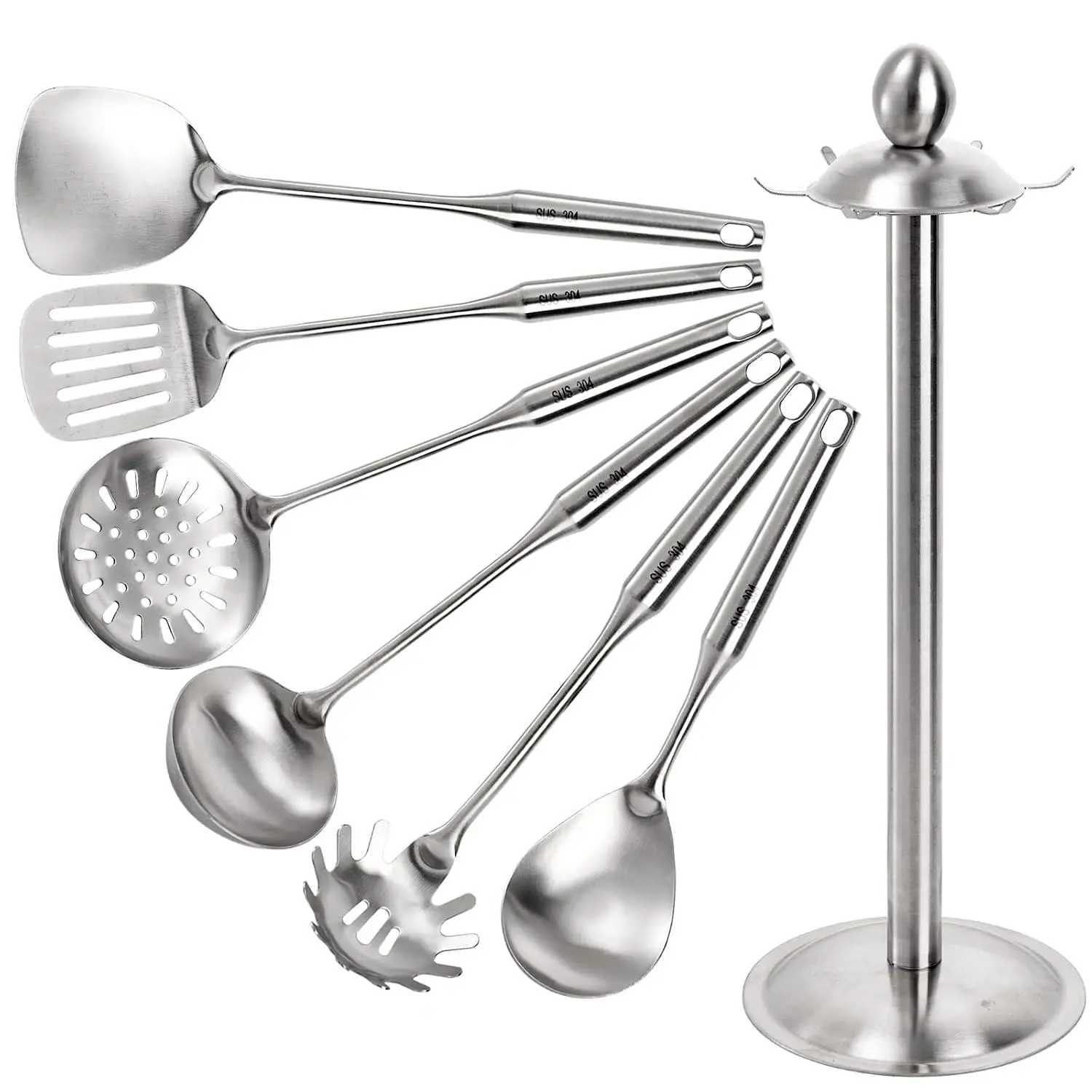 Set Of 7 Kitchen Utensil Set, 304 Stainless Steel Cooking Tools, Cookware Set With Rotating Holder, Slotted Spoon, Slotted Spatula, Large Spoon, Soup Ladle, Spatula, Spaghetti Server, Silver