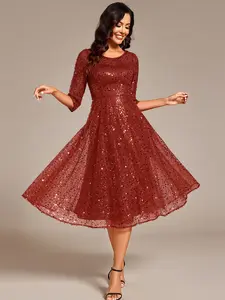 Ever-Pretty Burgundy Sequin Midi Wedding Guest Dress - 3/4 Sleeve Round Neckline - Comfortable & Stylish - Women's Formal Wear - Red 02241
