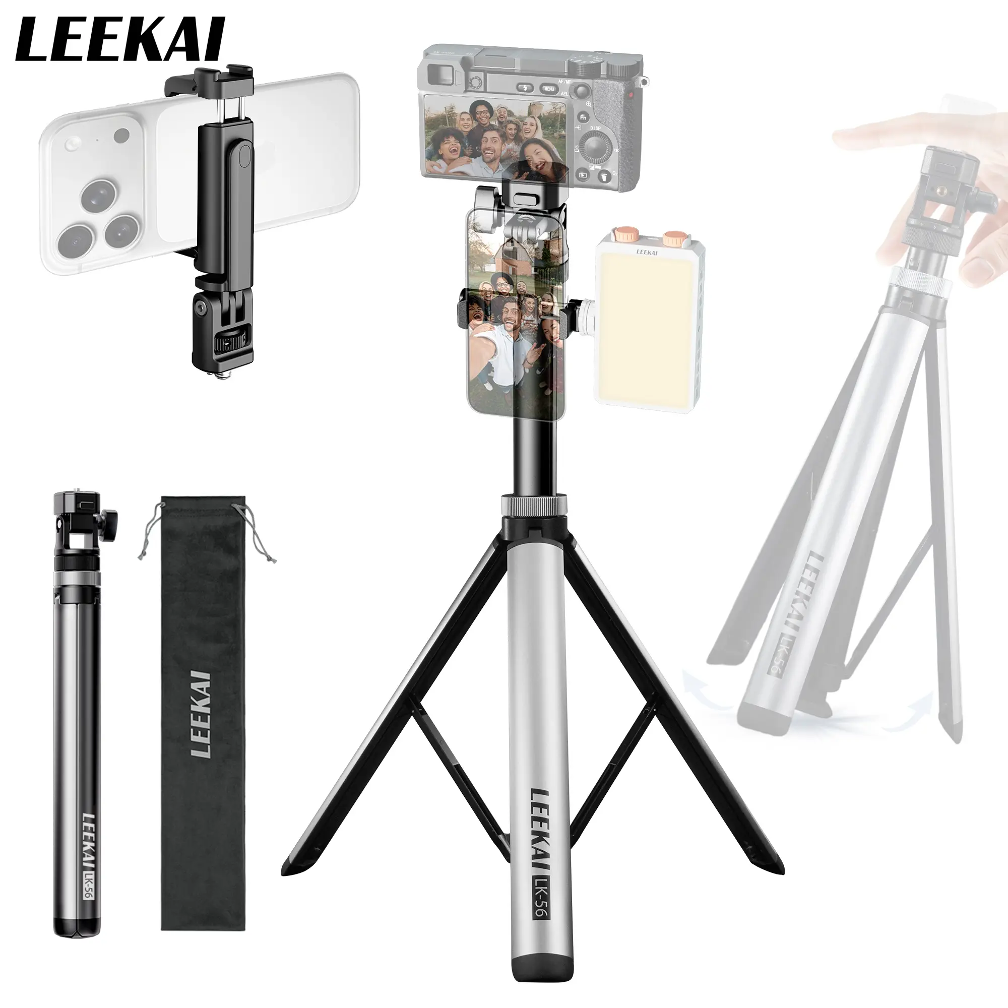 Leekai LK56 Auto Pop Up Light Stand Tripod for Camera and Phone 84 Inch Adjustable Aluminum Heavy Duty 20lbs Load for Ring Light DSLR Video Shooting