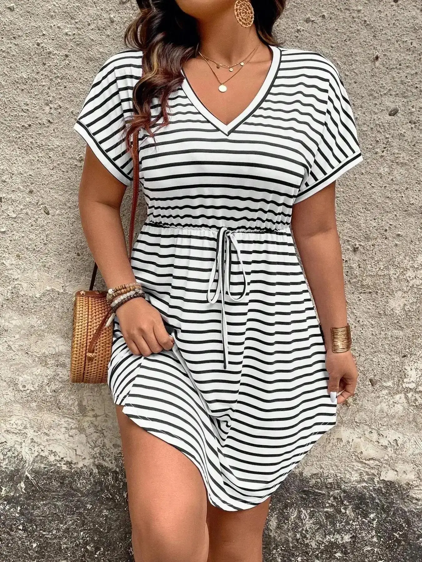 2026 Women's Plus Size Dress Striped Short Sleeve V-Neck Casual Mini Dresses Tie Waist Drawstring Flowy Tummy Control Summer Beach Daily Outfits Trendy, modern elegant chic musthave timeless