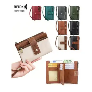 New RFID anti-theft brush retro wallet with double zipper buckle for business and leisure, multiple card slots, portable three fold short wallet, retro style zipper wallet, fashionable buckle for women's wallet, Card Holder Walle