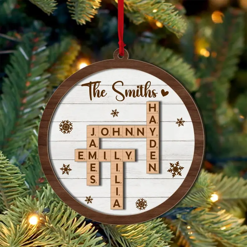 Personalized Scrabble Christmas 2 Layer Wood Ornament, Family Name Crossword Puzzle, Custom Name Family Christmas Ornament, Christmas Gift