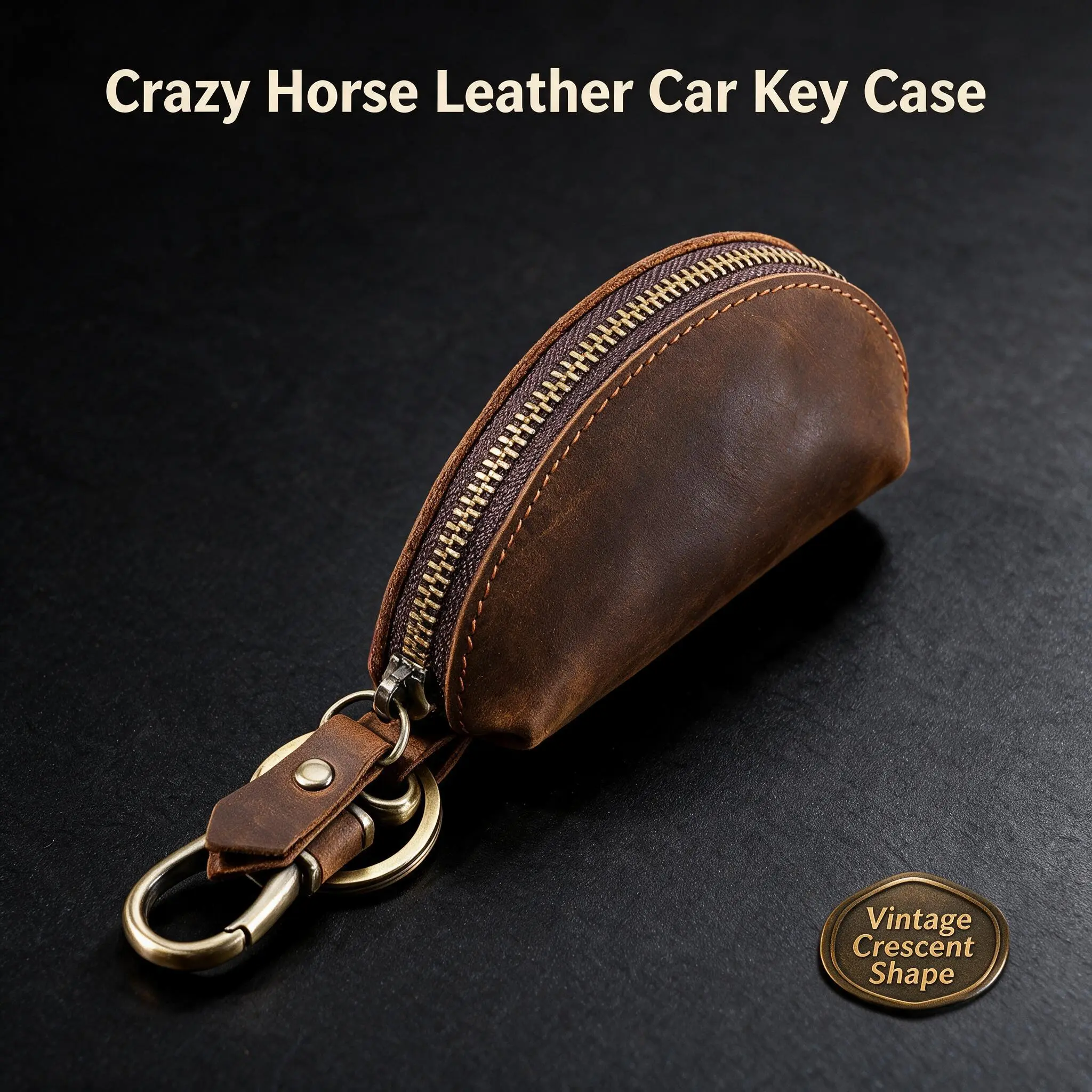 Leather Car Key Holder, Crazy Horse Vintage Key Organizer Case with Key Chain & Carabiner Clip, Crescent Key Wallet Pouch for Car Fob House Keys Coins, Suede Lining Antique Brass, Men Women, Multi-Color