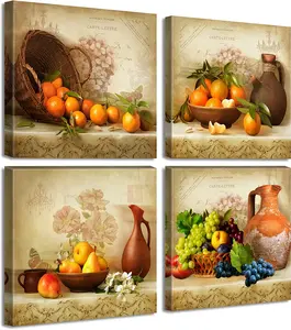 Jiazugo Kitchen Wall Decor Canvas Art for Dining Room Vintage Theme Fruit Pictures Farmhouse Rustic Signs Paintings Bar Accessories Realism Colorful Framed Decorations 4 Pcs/Set JiazuGo Gift Grape