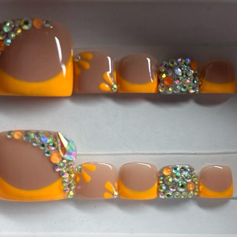 Pedicure Set with Orange Bling Design Featuring Sparkling Rhinestones and Vibrant Orange Accents for Stylish Foot Care