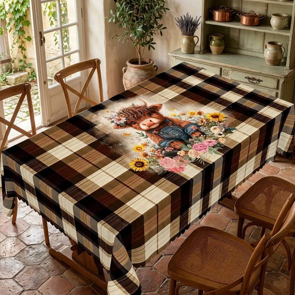 WISH TREE Soft Durable Cotton Rectangle Tablecloth - Decorative Rustic Charm Farmhouse Chic Plaid, Highland Cow Sunflower Design, Dining Table Cover Protector, Machine Washable Food & Beverage Guard, Fall Home Decor That Protects Table