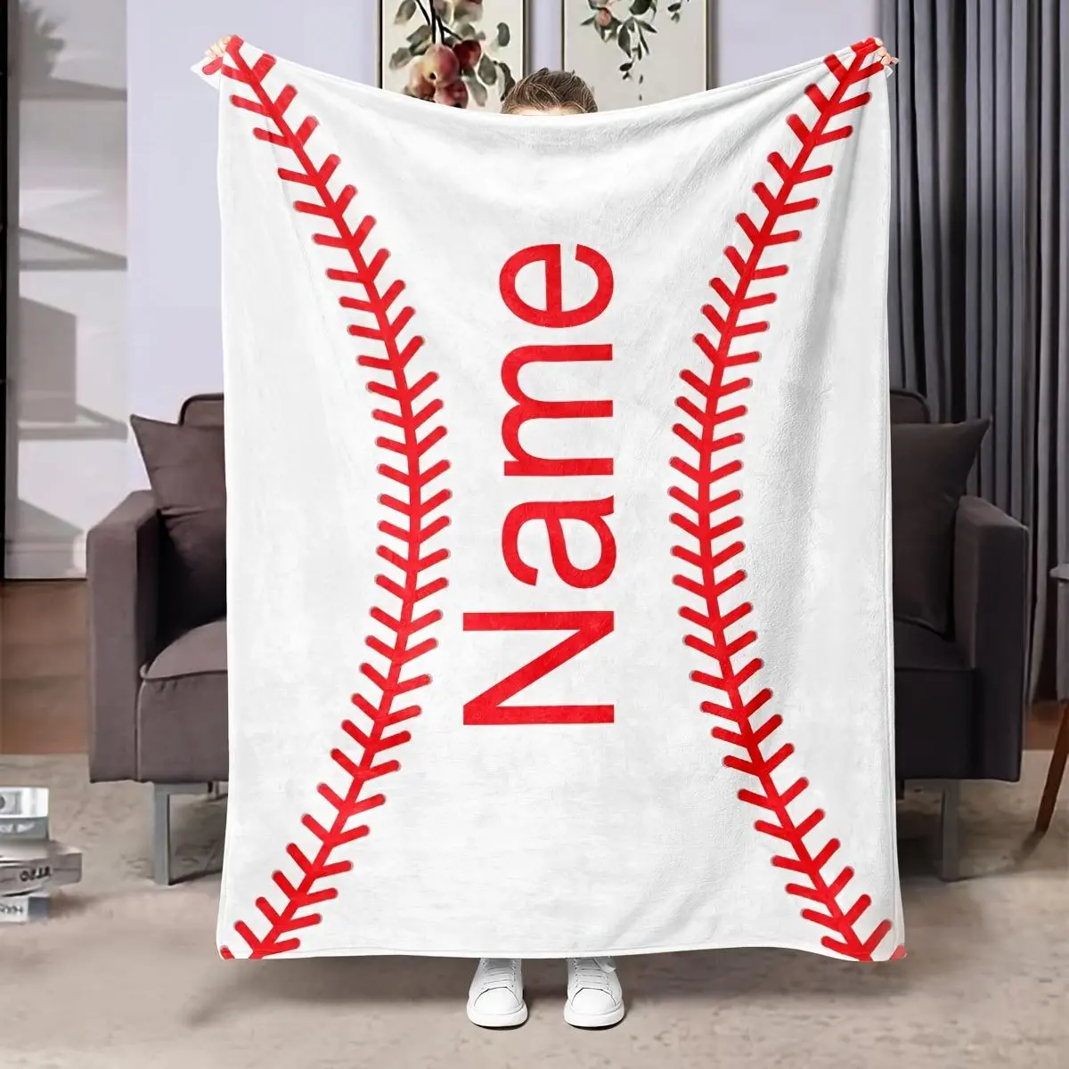Custom Baseball Blanket Personalized Name Text Design - Sports Enthusiast Baseball Pattern, Hypoallergenic All-Season Throw, Machine Washable, Knitted Digital Print,  Polyester, Ideal for Backing & Camping