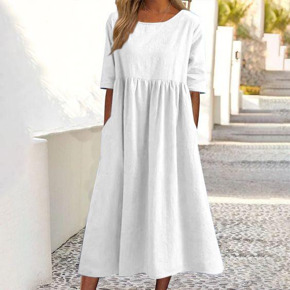 2026 Women's Summer Cotton Linen Loose Midi Dress - Casual Short Sleeve Round Neck Flowy Beach Vacation Dress with Pockets, Plus Size Vintage Style Party Wear