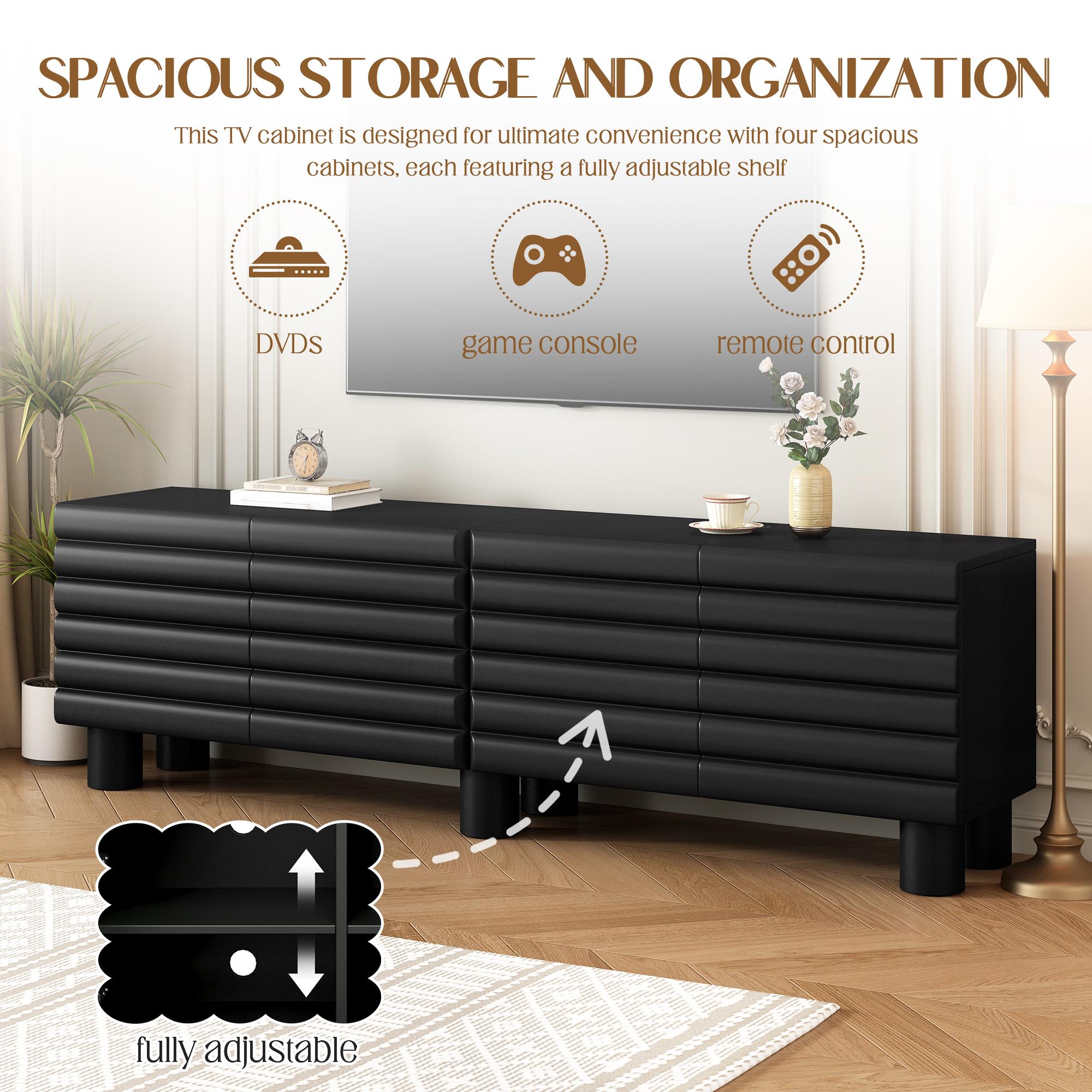 Modern Farmhouse MDF Wood Rectangular TV Stand - Cream White Single Unit for 75" TV, Wavy Door Media Console with Adjustable Shelves, 8 Cable Holes, Cylindrical Legs, Living Room Storage, Requires Assembly