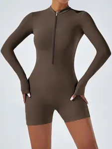 Women's Long Sleeve Zipper Jumpsuit Shorts Set, Dance Fitness Yoga, Tight-Fitting Sportswear, Open Neck Design, Workout Jumpsuit, Solid Color Jumpsuit, Stretch Jumpsuit