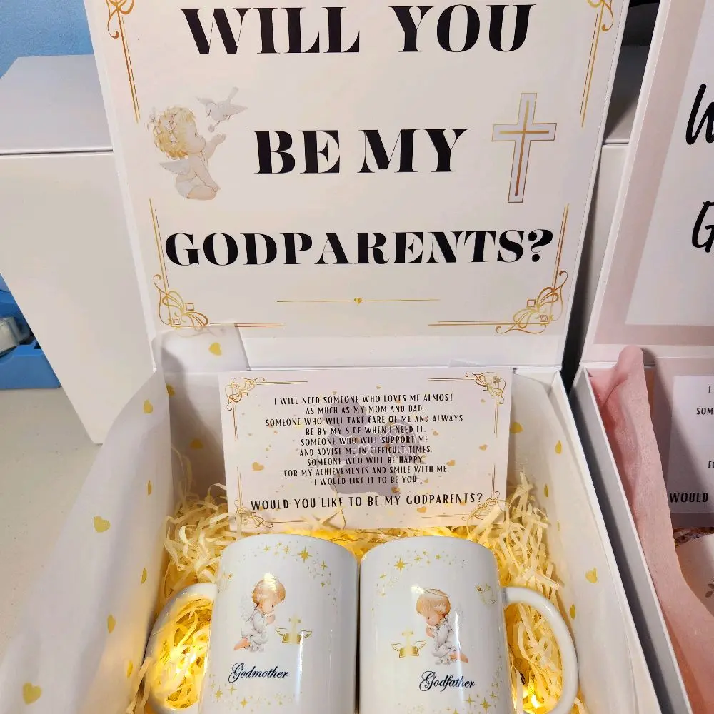 Godparents Gift Box Proposal with Set of Two 11oz Mugs, Includes Proposal Letter and Mug with "Godparents" Design - Washable, Drinkware
