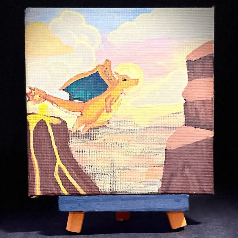 Charizard Mini-Canvas & Matching Stand Art Decor, Handmade,  Small Size Cartoon Character Print for Home Office Desk Decoration