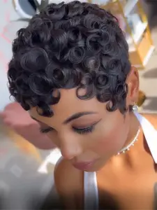 Pixie Cut Short Bob Wig for Women Natural Looking Wig 100% Human Hair Full Machine Made Wigs Natural Black Color Curly Human hair